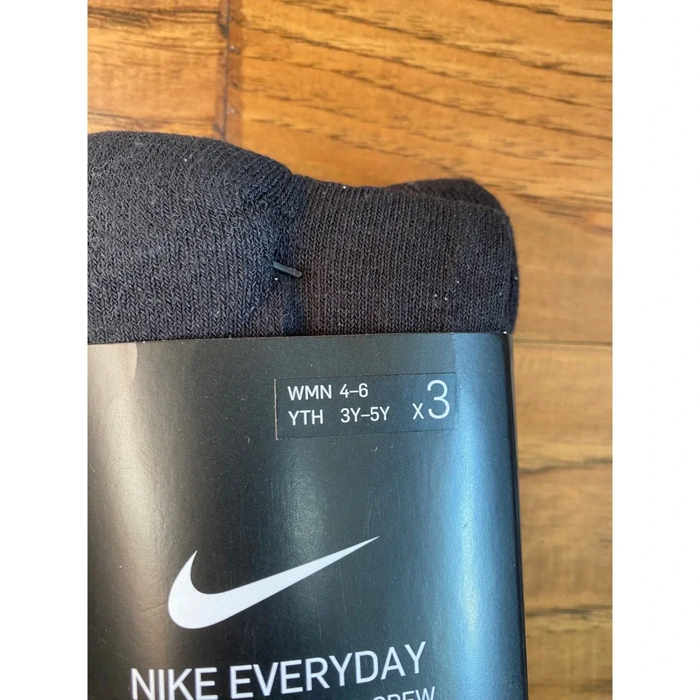 Nike Everyday Cotton Cushioned Crew Socks Black 3 Pair Dri-FIT WMN 4-6 YTH 3Y-5Y